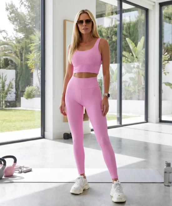 mujer con leggins deportivoi sin costuras de color rosa de toque canalé ideal y fresco para tus dias de gym combinando el conjunto en tienda Mirishop