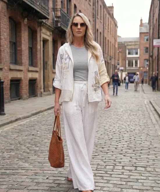 mujer paseando con un conjunto casual estilo boho chic modelo urban style, creando un total look fresco para pasear en un ambiente relajado de la tienda ,mirishop.