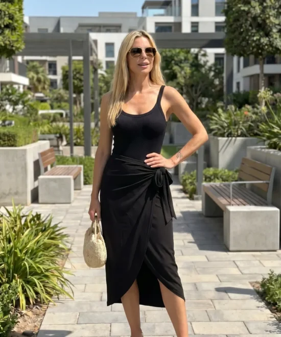 mujer rubia posando con una falda pareo midi de lycra con lazo combinada con un body de mirishop-