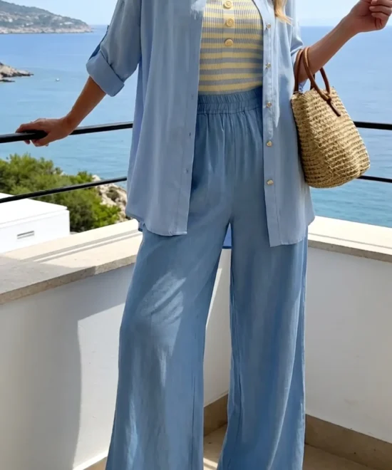 mujer con pantalon palazzo de fluidez total con un toque satinado modelo thalia, combinado con body de rayas de mirishop.es
