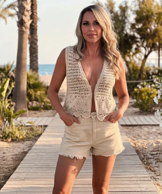 mujer rubia posando con un short mom de tiro alto elastico posando con chaleco de crochet de mirishop.
