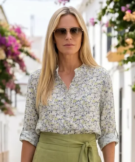 Mujer rubia con camisa estampada de flores en azul y verde con detalles dorados caminando por la calle combiando los pantalones de mirishop.