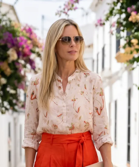 Mujer rubia luciendo una camisa estampada con detalles dorados en color crema combiando con un pantalon de tiro alto color naranja de Mirishop.