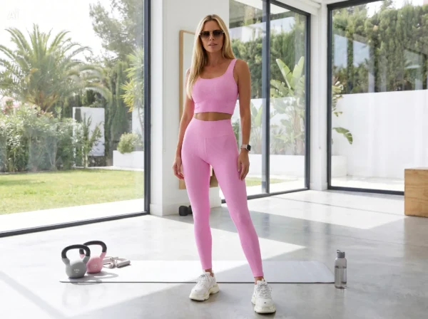 mujer con leggins deportivoi sin costuras de color rosa de toque canalé ideal y fresco para tus dias de gym combinando el conjunto en tienda Mirishop