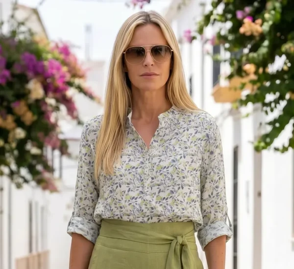 Mujer rubia con camisa estampada de flores en azul y verde con detalles dorados caminando por la calle combiando los pantalones de mirishop.